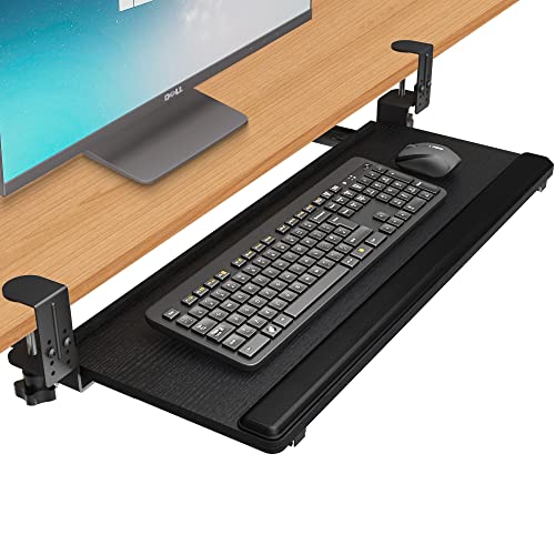 EQEY Keyboard Tray Under Desk, Height Adjustable Keyboard Tray Ergonomic Pull Out Under Desk Drawer Keyboard Platforms with Wrist Support Pad Keyboard Drawer for Desk (30 x 10 inch, Black)