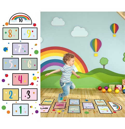 10 Number DIY Hopscotch Game Wall Stickers Floor Decals Primary Color Dots Wall Decals Set Colorful Rainbow Floor Decals for Baby Kids Room Nursery Classroom Play Room