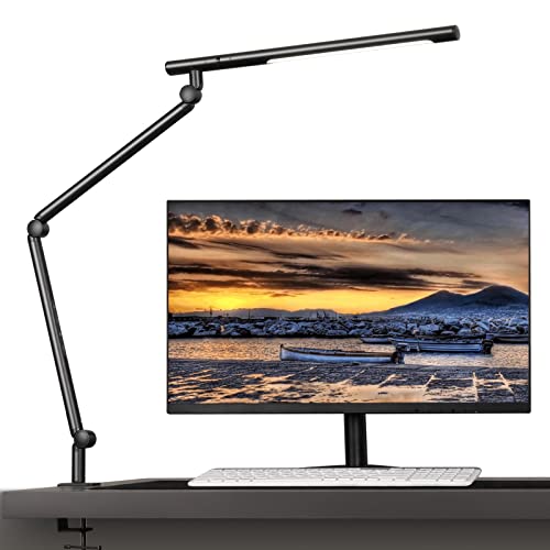 LED Desk Lamp with Clamp , Eye-Care Desk Light, 5 Brightness & Adjustable Color Temperature, Modern Architect Clip on Lamp with Memory & Timing Function for Study, Work, Home, Office, 12W