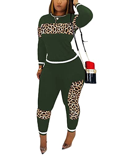 Angsuttc Jogger Sets for Women 2 Piece, Casual Tracksuit Leopard Print Long Sleeve Top Pants Set Outfit Deep Green L