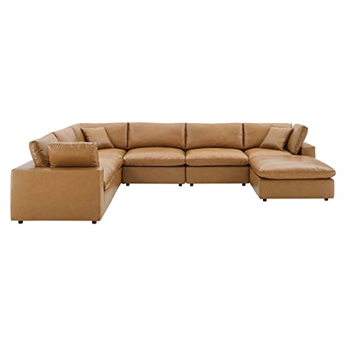 Modway Commix Down-Filled Overstuffed Vegan Leather 7-Piece Sectional Sofa in Tan