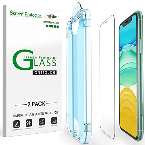 amFilm 2 Pack OneTouch Glass Screen Protector for iPhone 11, iPhone XR (6.1″) with Easy Installation Kit