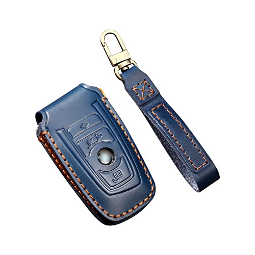 SANRILY Blue Cowhide Leather Key Fob Cover for BMW 1 3 4 5 6 7 Series X3 X4 M5 M6 Full Protection Smart Key Case Shell with Keychain-Keyless