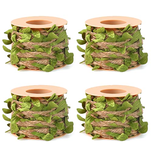 4 Pack Artificial Green Leaves Natural Burlap Leaf Ribbon Twine Artificial Jungle Vines Leaves for Wedding Home Garden, Jungle Party Décor