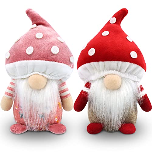 Godeufe Set of 2 Spring Gnomes Plush Mushroom Easter Decorations Gift Handmade Elf Dwarf Figurines for Home Kitchen Farmhouse Tiered Tray Holiday Festival Party Scandinavian Tomte (Red and Pink)