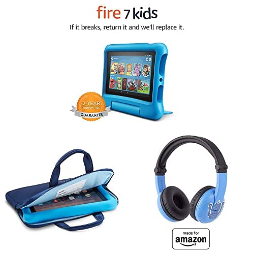 Fire 7 Kids Tablet, 7″ Display (16 GB, Blue) + Zipper Sleeve (Blue) + Blue PlayTime Bluetooth Headset