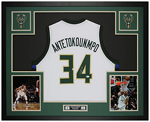 Giannis Antetokounmpo Autographed White Milwaukee Bucks Jersey – Beautifully Matted and Framed – Hand Signed By Giannis and Certified Authentic by Beckett – Includes Certificate of Authenticity