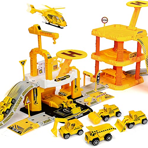 TOY Life Construction Toys Set – Toy Construction Vehicles with Toy Trucks for 3 4 5 6 Year Old Boys – Toy Car Garage Construction Trucks for Kids Construction Toys with Race Track