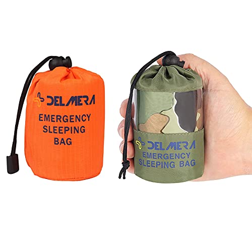 Delmera Emergency Sleeping Bag, Lightweight Survival Sleeping Bags Waterproof Thermal Emergency Blanket, Bivy Sack Survival Gear for Outdoor Adventure, Camping, Hiking, Orange&Camouflage