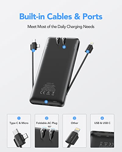 Portable Charger with Built-In Cables and AC Wall Plug,VRURC 10000mAh Phone Charger,5 Output & 2 Input LED Display External Battery Pack,Ultra Slim USB C Power Bank Compatible with Smart Devices-Black | The Storepaperoomates Retail Market - Fast Affordable Shopping