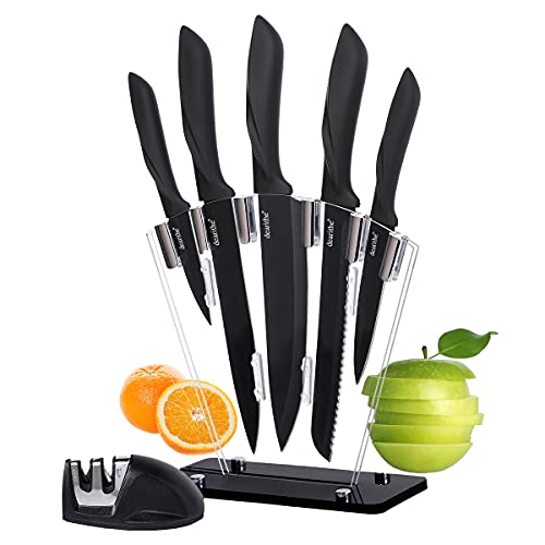 dearithe Kitchen Knife Set 7 Piece, High Carbon Stainless Steel Knife Block Set with Knife Sharpener , Professional Chef Knife Set with Acrylic Stand,Non stick coating for Anti-rusting and Sharp