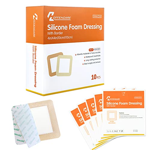 Silicone Foam Dressing, Bordered Silicone Adhesive Foam Bandage, High Absorbency Wound Care Products for Pressure Ulcer, Bedsore Wound, and Diabetic Ulcer, 4” X 4”, 10 Pack