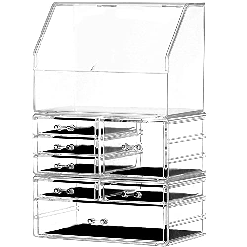 Cq acrylic Cosmetic Display Cases With LId Dustproof Waterproof for Bathroom Countertop Stackable Clear Makeup Organizer and Storage With 7 Drawers,Set of 3