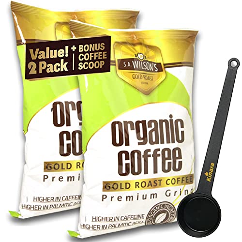 Organic Coffee Enema Coffee Gold Coffee Enema Organic High Caffeine Coffee (44 Higher Caffeine) by S.A. Wilson Enema Coffee 2-Pack with Kinara Coffee Scoop, 3 Piece Set