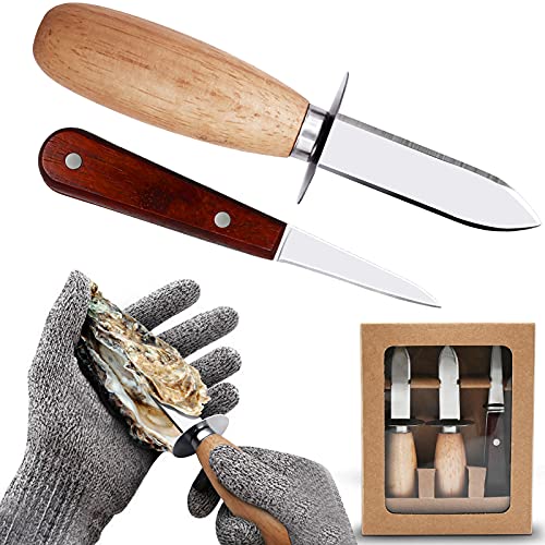 Amourate Oyster Shucking Knife Oyster Knife, Set of 3 Oyster Shucker with Premium Wood-handle and 1 Pairs Level 5 Protection Gloves, Knife and Glove Set for Seafood Lovers (3Knifes+1Glove)