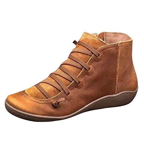 NOLDARES Boots for Women Winter Casual Leather Lace Up Side Zipper Round Toe Retro Booties Comfort Ankle Flat Snow Boots, Brown, 7.5