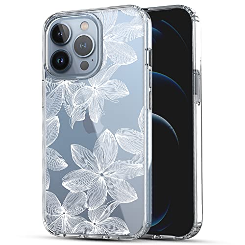 RANZ iPhone 13 Pro Case, Anti-Scratch Shockproof Series Clear Hard PC+ TPU Bumper Protective Cover Case for iPhone 13 Pro (6.1″) – White Flower