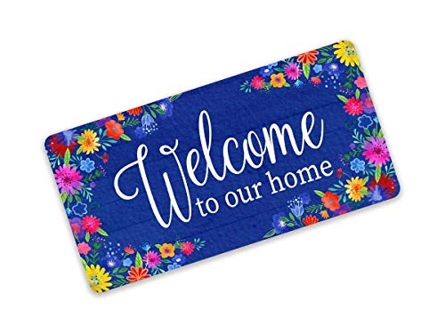 TOCMANE Metal Sign Welcome to Our Home Blue Floral Wreath Logo Home Decoration Listing Metal Sign Public Decoration 12x6inch