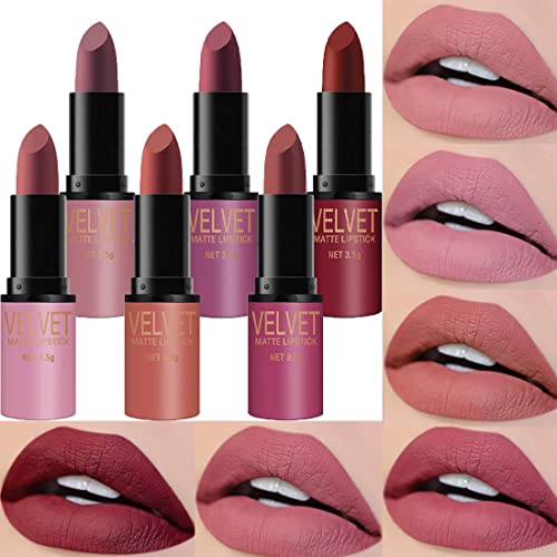 Dulele 6 Colors of Velvet Smooth Matte Lipstick Set, Long Lasting & Waterproof Non-Stick Cup Nude Color Lip Makeup Gift Set for Girls and Women