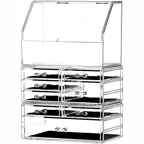 Cq acrylic Cosmetic Display Cases With LId Dustproof Waterproof for Bathroom Countertop Stackable Clear Makeup Organizer and Storage With 8 Drawers,Set of 3