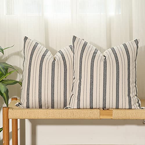 Kiuree Grey and Cream Stripes Decorative Farmhouse Throw Pillow Covers 18 x 18, Set of 2 Boho Modern Accent Decor Pillows Textured Linen Throw Cushion Covers for Couch Chair Bedroom