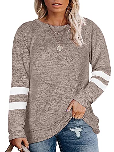 Wkior Womens Plus-Size Tops Casual Sweatshirt Long Sleeve Loose Soft Crewneck Sweatshirt Pullover Coffee 4XL 28 Plus