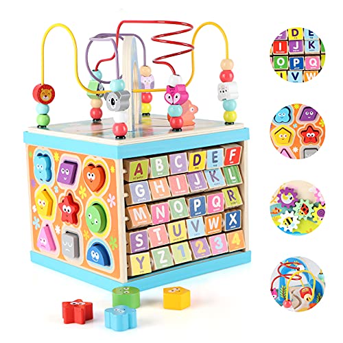 Garlictoys Wooden Activity Cube for 1 2 3 Year Old Kids,5 in 1 Multipurpose ABC-123 Abacus Bead Maze Shape Sorter|Early Educational Toy for Toddlers-Toys for 1 Year Old Boys Girls