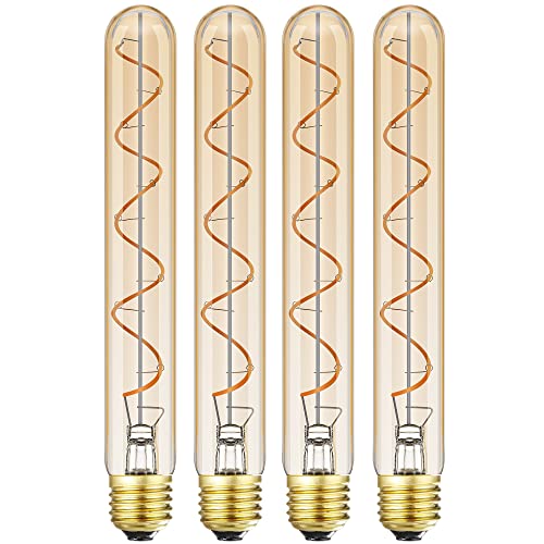 Vintage LED Spiral Filament Bulb T10, 8.9inch Long Tubular Dimmable Edison Light Bulbs,E26 Base,Amber Glass,Warm White,2200K, 400LM(40W Equivalent), Pack of 4