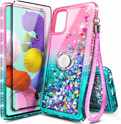NGB Case for Samsung Galaxy A71 5G with Tempered Glass Screen Protector (Not Fit A71 4G) Ring Holder/Wrist Strap, Girls Women Liquid Bling Sparkle Floating Glitter Cute Case (Pink/Aqua)