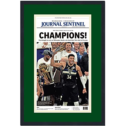 Framed Milwaukee Journal Sentinel 2021 Bucks NBA Finals Champions 17×27 Basketball Newspaper Cover Photo Professionally Matted