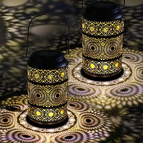 2Pack Solar Lantern, Taomika Outdoor Hanging Solar Lanterns with Handle, Metal Hollow Retro Waterproof LED Solar Lamp Light for Garden Courtyard Porch Lawn Tree Fence Patio Pathway Balcony Party Decor