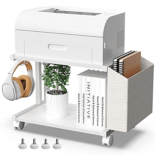 VEDECASA 2 Tier Modern White Wooden Under Desk Printer Stand with Storage Bag for Home Office Desktop Printer Table Organizer Mobile Printer Shelf Cart with Caster Wheel (White)