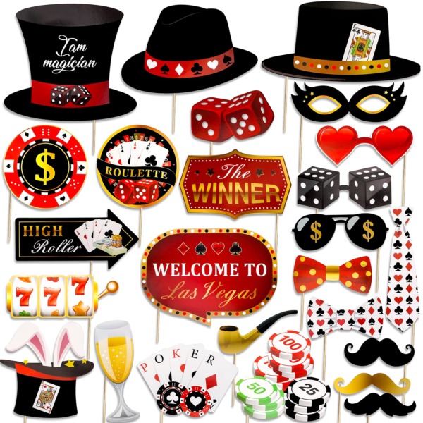 Qpout Las Vegas Casino Photo Booth Props Funny DIY Poker Theme Selfie Props Kit for Night Party Decoration Party Favors 25 Pieces