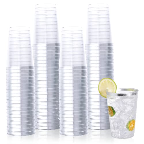 Vplus 150 Pack 12oz Silver Rimmed Plastic Cups, Reusable Clear Plastic Cups, Disposable Heavy Duty Plastic Cups Perfect For Wedding, Thanksgiving Day, Christmas, Halloween Party Cups