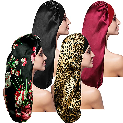 4 Pieces Satin Sleep Cap for Long Hair and Dreadlock, Extra Large 2 PCS Solid Color and 2 PCS Floral Pattern Sleeping Bonnet for Women