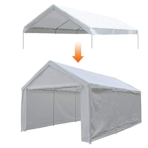 Abba Patio Carport Replacement Top Canopy Cover for Garage Shelter with Fabric Pole Skirts and Ball Bungees, 12 x 20 Feet, White