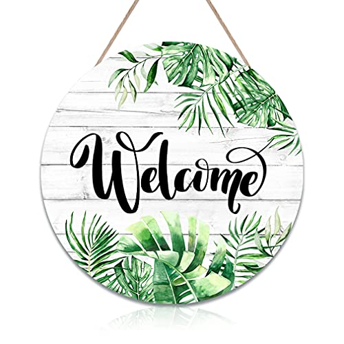 CHDITB Tropical Green Palm Leaves Welcome Sign Wall Decor(12”x12”), Botanical Plant Wooden Hanging Sign, Welcome Spring Door Sign Plaque with Palm Leaf for Home Office Farmhouse Yard Garden