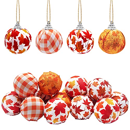 Wehhbtye 16PCS Fall Thanksgiving Day Hanging Ball Ornament – Maple Leaf Check Fabric Wrapped Ball,Orange White Checkered Ball for Farmhouse Fall Autumn Thanksgiving Party Home Decor