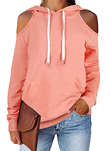Sweatshirts for Women Hoodie Pullover Cold Shoulder Cut Out Hooded Sweatshirt with Pockets Pink XL