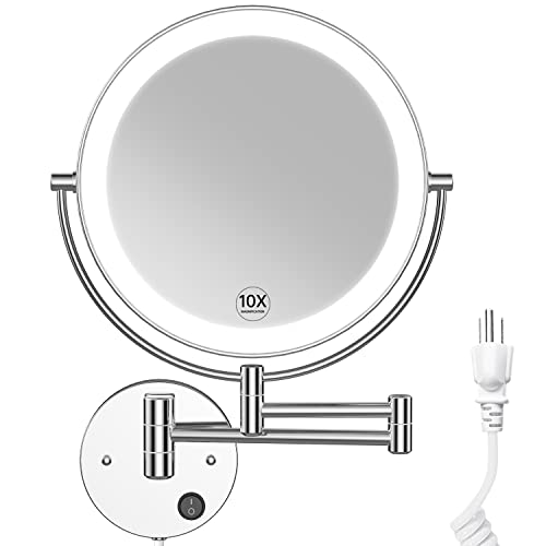 Benbilry LED Wall Mounted Makeup Mirror 9 Inch Super Large Size Double Sided with 1x/10x Magnification Extendable Lighted Magnifying Vanity Mirror with Lights 360° Swivel Round Bathroom Mirror