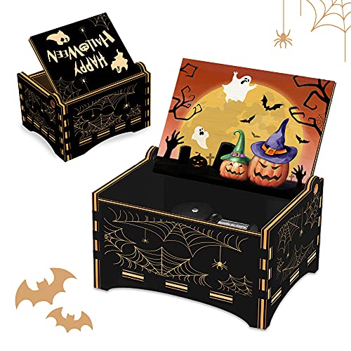 Hexagram Halloween Music Box, Vintage Wood Cobweb Laser Engraved Pumpkin/Witch Painted, Unique Cute Black Musical Box Gift for Halloween/Birthday, Gift for Daughter/Son from Mom and Dad(No Hand Crank)