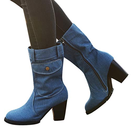 NOLDARES Boots for Womens Winter Side Zipper Pocket Denim Cowgirl Boots Pointed Toe Fashion High Heel Boots