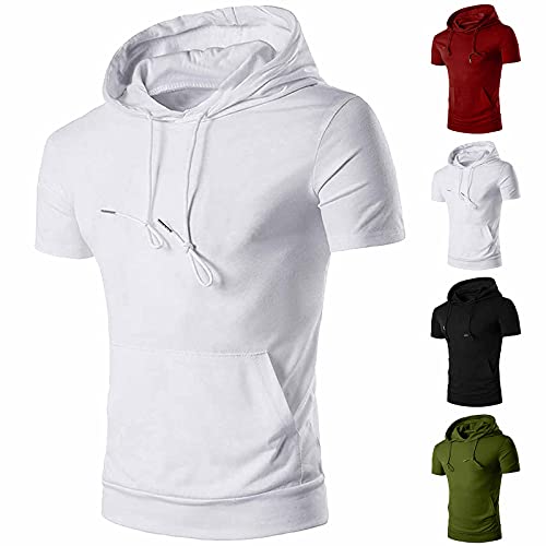 FRETRG Athletic Hoodies Workout T-Shirt for Men Sport Sweatshirt Short Sleeve Solid Pullover Tops Shirts Blouse with Pocket, White, X-Large
