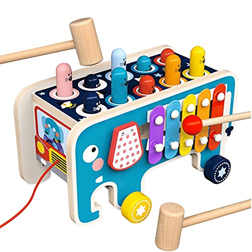 YOCOGY Wooden Xylophone Toy, Hammer Pounding Toy, Educational Pegs, Elephant Pull Along Birthday Gifts for Kids Toddlers