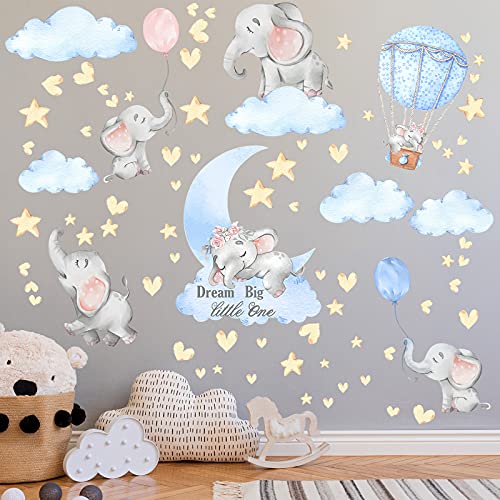 4 Sheets Elephant Wall Decals Dream Big Little One Moon Colorful Balloon Stars Wall Stickers for Nursery Kids Room Living Room Bedroom Decorations Home Decor (Attractive Style)