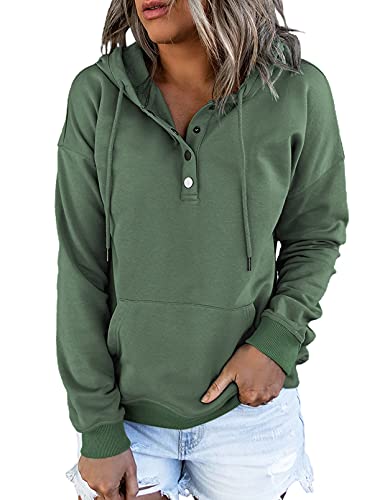 Dokotoo Women’s Fashion Hoodies & Sweatshirts Drawstring Long Sleeve Front Button Collar Hooded Pullovers with Pockets Winter Sweatshirts for Women Loose Fit Casual Ladies Fall Shirt Tops Medium