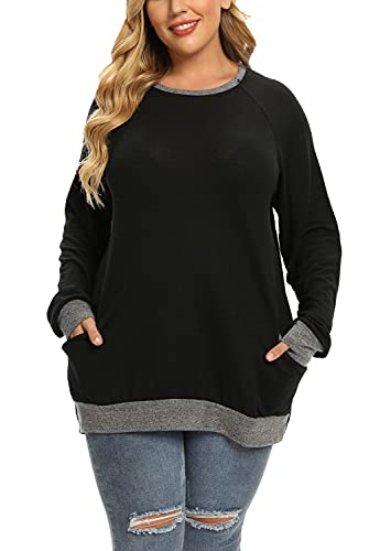 Plus Size Sweatshirts for Women Long Sleeve Fall Crewneck Tunic Tops Lightweight Sweaters with Pockets Black 3X
