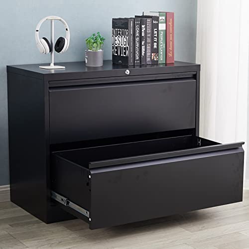 FLASHTK Lateral File Cabinet with Lock Metal Steel Storage 2 Drawer Filing Cabinets with Anti-Tipping Interlock for Home Office, Black 2-Drawers