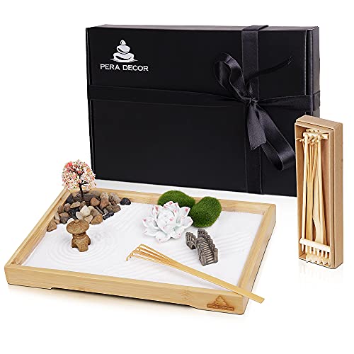 Zen Garden Kit for Desk, 11×7.5 Inches Japanese Zen Garden with Large Bamboo Tray, White Sand, Rake Tools Set, Small River Rocks, Meditation Accessories, Mini Zen Garden Gift Set for Office