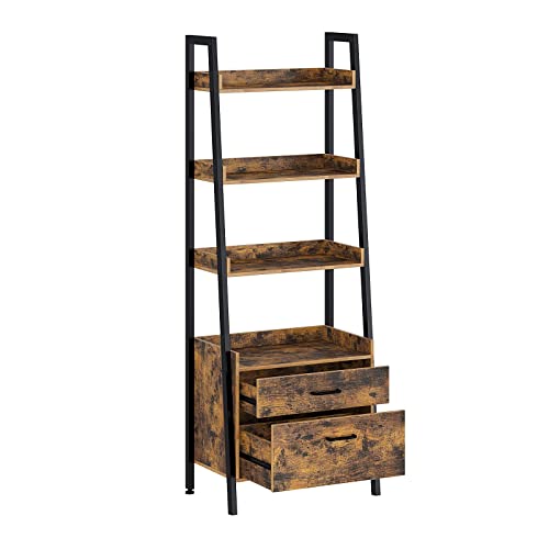 Rolanstar Bookshelf with Drawers, 4 Tier Ladder Bookshelf, Industrial Bookcases, Freestanding Display Plant Shelves with Metal Frame for Living Room, Small Space, Rustic Brown